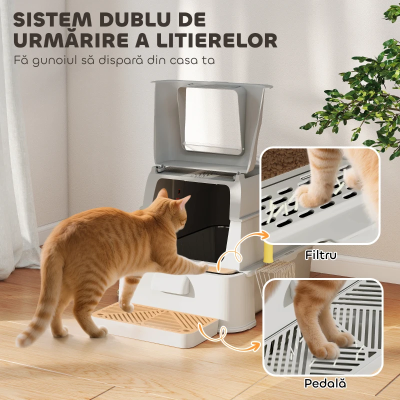 PawHut Litieră pentru Pisici Închisă de 80L cu Tavă Detașabilă, din ABS și Oțel Inoxidabil, 63x43x43 cm, Gri Deschis