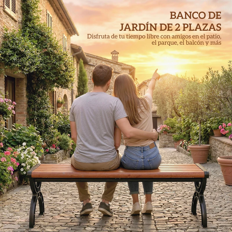 Outsunny Banco de Jardín Exterior de 2 Plazas Banco Exterior con Estructura Metálica y Asiento Listonado 124x39x39 cm Marrón