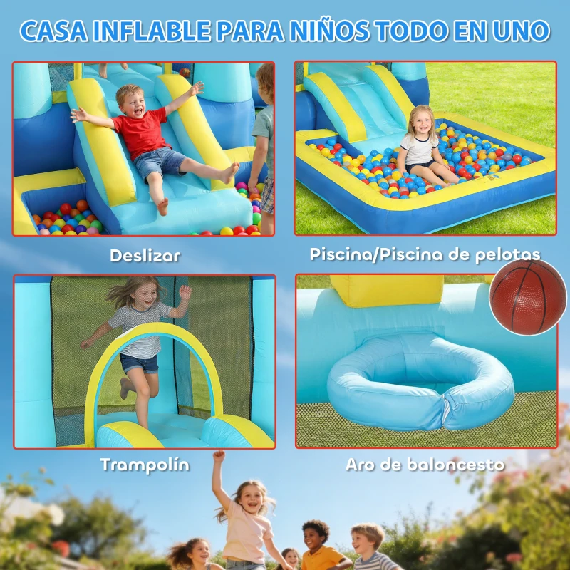 AIYAPLAY Castillo Hinchable para Niños con Soplador Tobogán Cama Elástica Piscina y Aro de Baloncesto para Niños 3-8 Años Azul