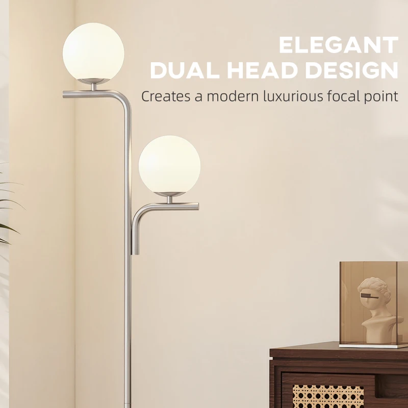 HOMCOM LED Floor Lamp, Modern Standing Lamp with 3 Colour Temperatures, Globe Glass Shades and Foot Switch, Silver Tone