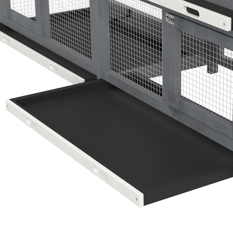 PawHut 2-Tier Large Rabbit Hutch Outdoor with Double Side Run Boxes, No-leak Plastic Tray, Ramp, 230 x 53 x 93.5cm, Light Grey