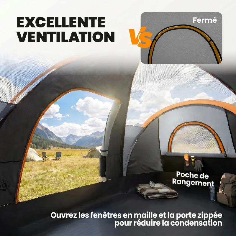 Outsunny Tente de camping familiale 5 pers. - tente tunelle ventilée - grande porte + 2 fenêtres gris clair