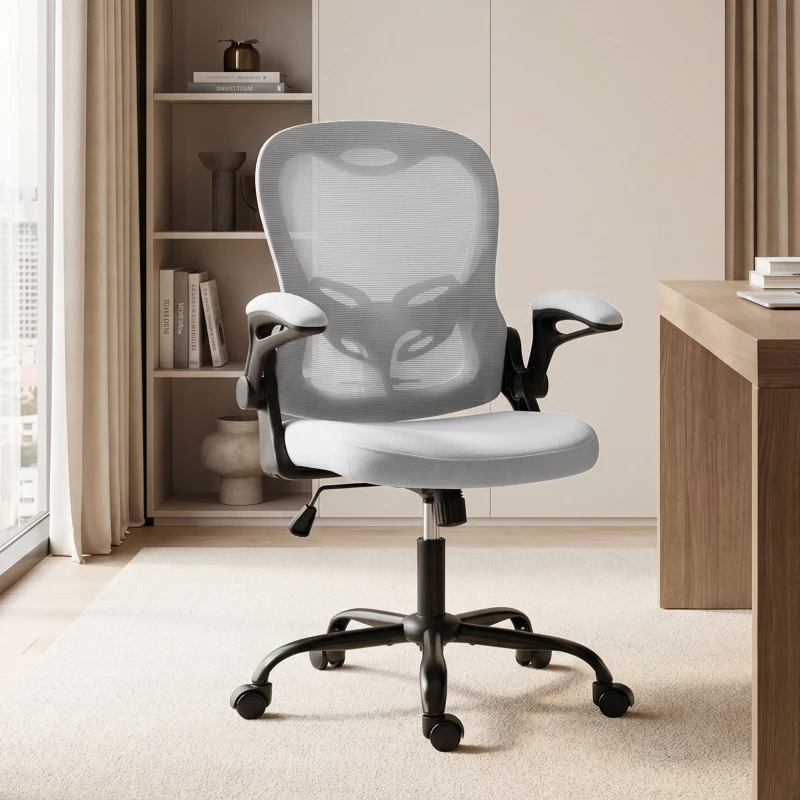 HOMCOM Silla de Oficina Ergonómica, Sillón de Oficina de Malla, Reposabrazos Abatibles, Altura Ajustable, Función de Balanceo, Gris