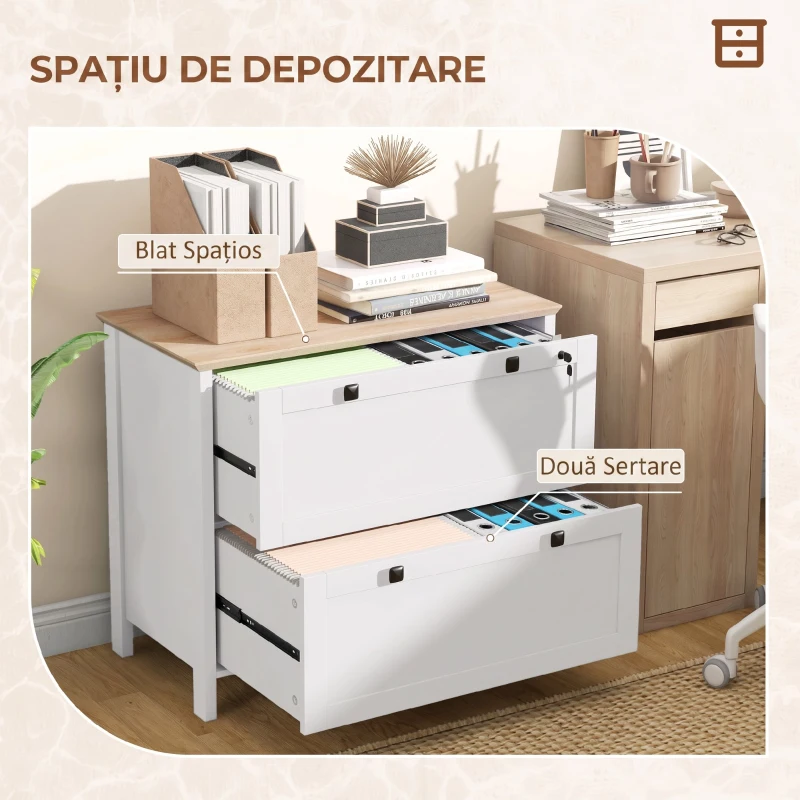 HOMCOM Dulap pentru documente cu 2 sertare pentru dosare A4, încuietoare și chei, 76x40x76cm, alb