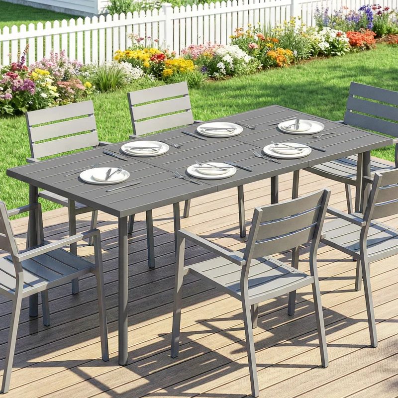 Outsunny Table de jardin pour 6 personnes, 165 x 80 cm, table à manger extérieure rectangulaire avec plateau à lattes en métal
