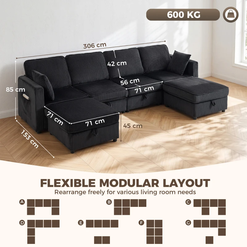 HOMCOM Canapea colț 4 locuri formă U cu ottoman cu depozitare, colțar 306 cm cu aspect cord, 4 perne, pentru living