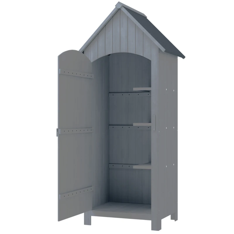 Outsunny Căsuță pentru unelte din lemn cu 3 rafturi și acoperiș impermeabil din bitum, 77,5x54,2x179,5 cm, gri