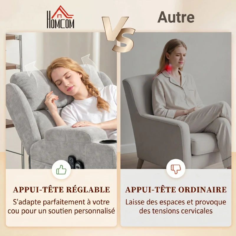 HOMCOM Fauteuil Releveur Électrique Massage et Chauffage, Fauteuil Relax Électrique en Chenille, Appui-tête Pliable, Gris Clair