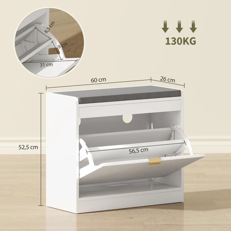 HOMCOM Schuhbank, Aufbewahrungsbank, gepolsterte Sitzfläche, klappbare Schublade, Tür mit Muster 60 x 26 x 52,5 cm, Weiß