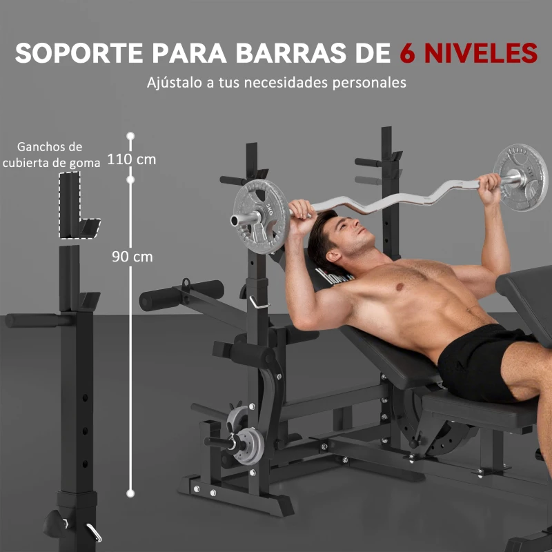 HOMCOM Banco de Pesas Banco de Musculación Multifuncional con Respaldo Reclinable y Altura Ajustable para Entrenamiento Fitness en Casa 210x110x103-123 cm Negro