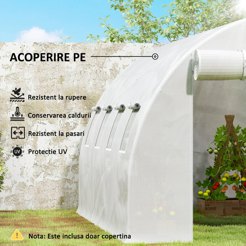 Outsunny Copertină pentru Seră din PE cu 8 Ferestre, Ușă Rulabilă și Margini Îngropate, 4x3x2 m, Alb
