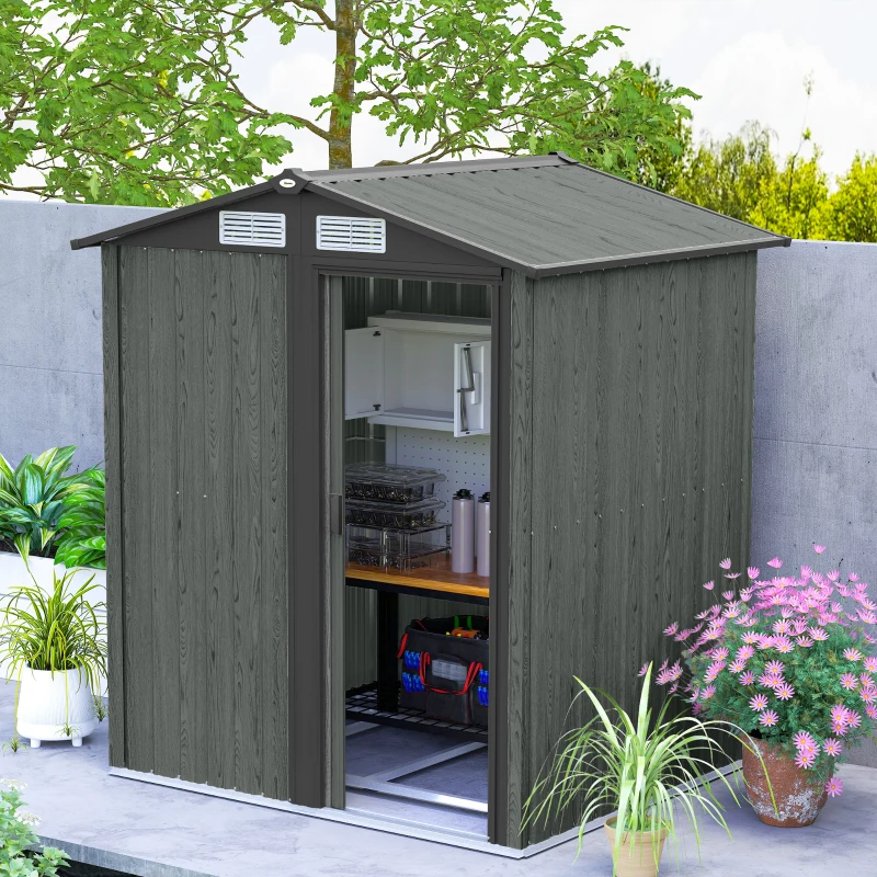 Outsunny Magazie de Grădină pentru Unelte din Oțel cu Acoperiș Înclinat și 4 Guri de Aerisire, 152x132x188 cm, Gri