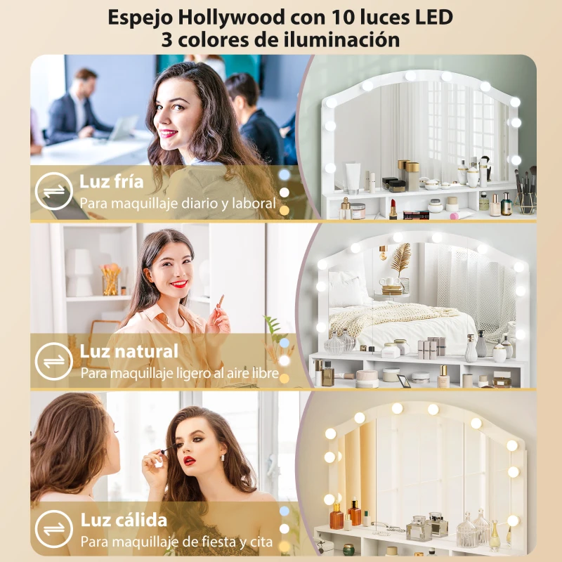 HOMCOM Tocador de Maquillaje con Luces LED de 3 Colores Tocador con Espejo 7 Cajones y 3 Compartimentos Blanco