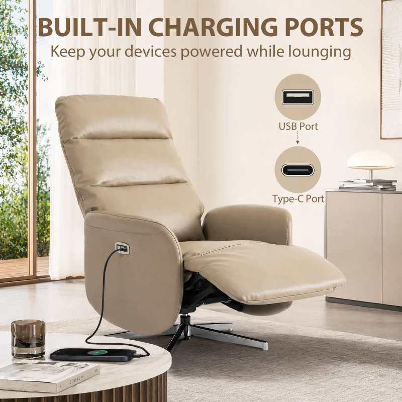 HOMCOM Poltrona Relax Elettrica Reclinabile a 160° Girevole con Poggiapiedi in Pelle PU, Presa USB, Marrone