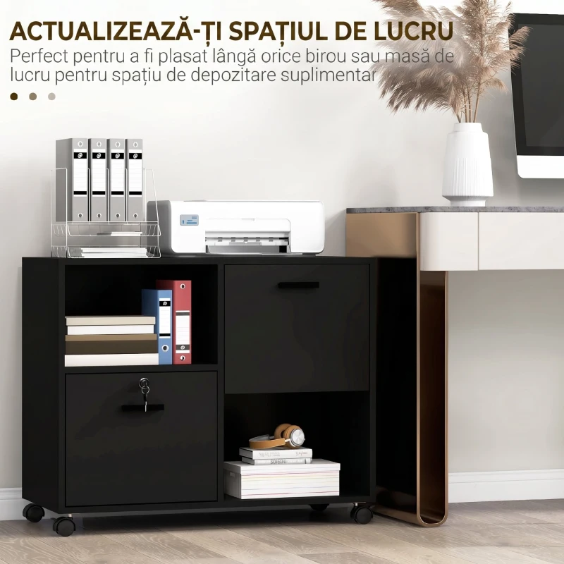 Vinsetto Dulap de Birou cu 2 Sertare pentru Dosare si Rafturi Deschise din PAL, Manere din Otel, Roti cu Blocare, 80x40x66cm, Negru