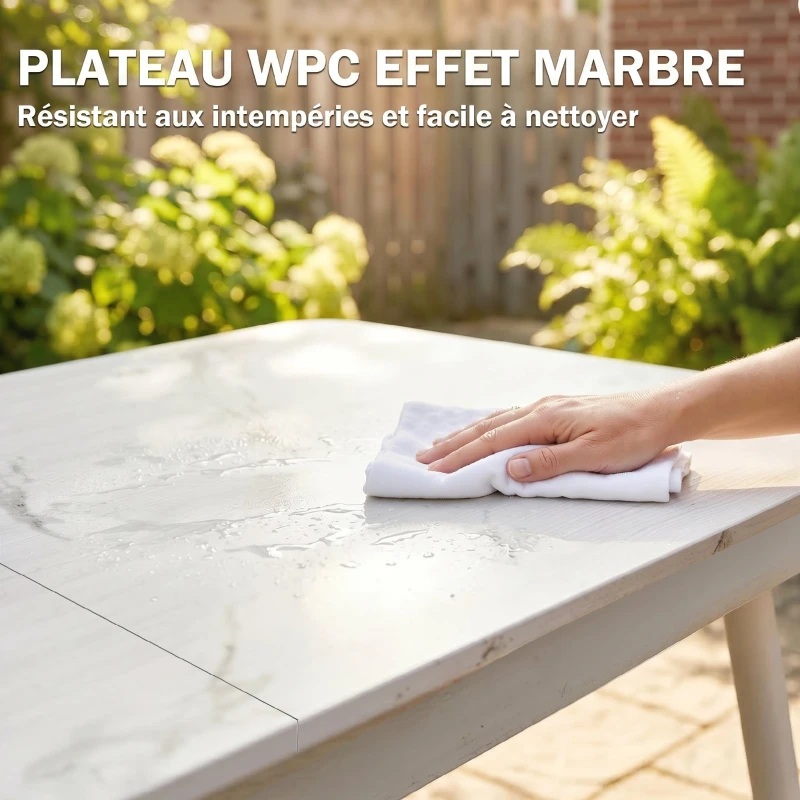 Outsunny Table de Jardin Rectangulaire pour 4-6 Personnes, Plateau en WPC et Cadre en Métal, Pieds Réglables, 140x80x75cm, Blanc