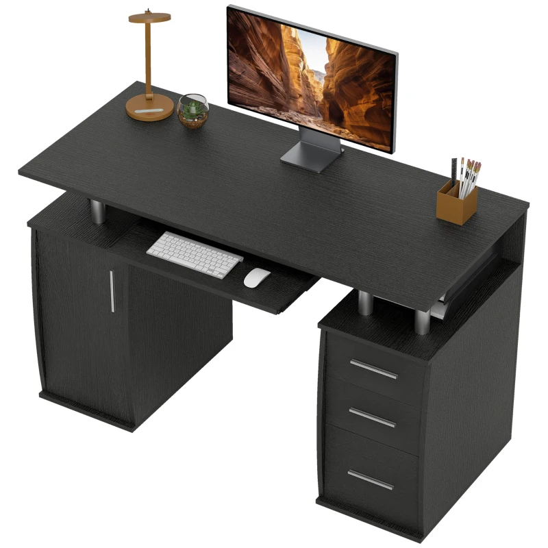 HOMCOM Escritorio de ordenador 120 x 55 cm con bandeja para teclado, 3 cajones, para dormitorio, hogar, negro