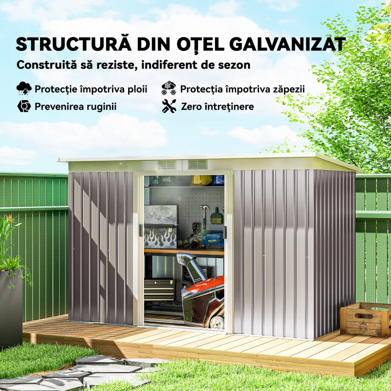 Outsunny - Depozit de grădină din oțel cu 2 orificii de aerisire și 2 uși culisante, 280x130x172 cm, gri deschis