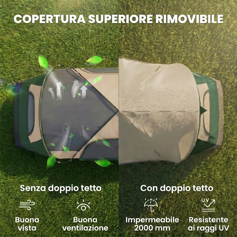 Outsunny Tenda da Campeggio 3 Posti con 2 Stanze Separate, Poliestere e Fibra di Vetro, 450x215x180 cm, Verde Scuro