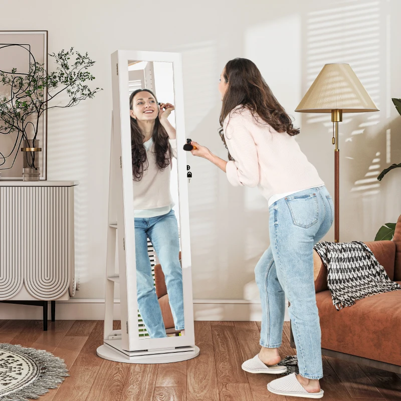 HOMCOM Dulap pentru Bijuterii 3 în 1 Rotativ la 360°, Rafturi din Spate și Ușă cu Cheie, 55x55x161 cm, Alb