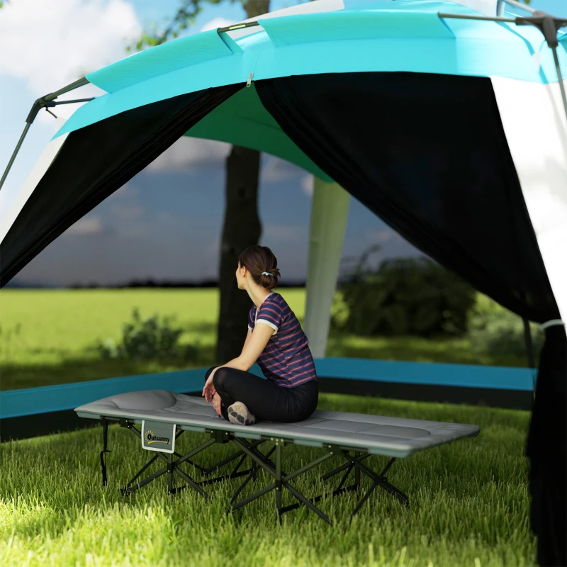Outsunny Cama de Camping Plegable con Cojín Integrado Reposacabezas y Bolsillo Lateral 187x67x37 cm Gris