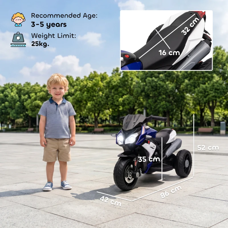 HOMCOM Moto Elettrica per Bambini 3-5 Anni Max. 25kg con Luci, Musica, Batteria 6V e Velocità 3km/h, 86x42x52 cm Blu