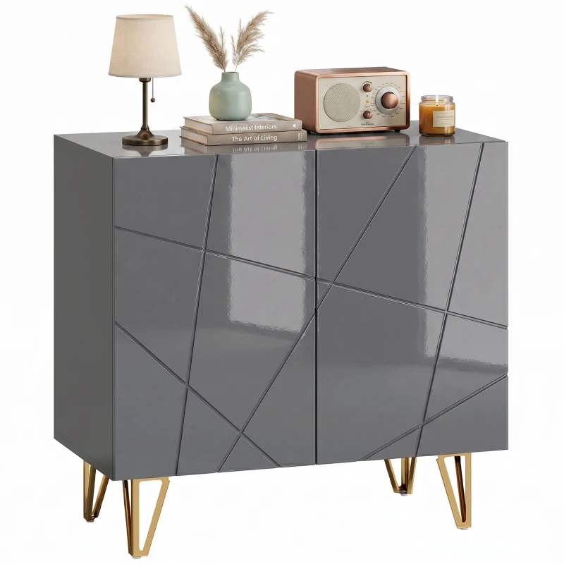 HOMCOM Modern Luxe High Gloss Sideboard, with Hairpin Legs - Grey