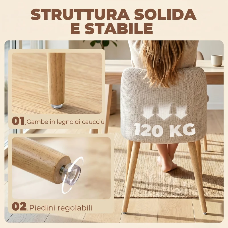 HOMCOM Set di 2 Sedie da Pranzo in Tessuto Effetto Lino e Legno di Caucciù, Seduta Imbottita, Schienale Curvo, Crema