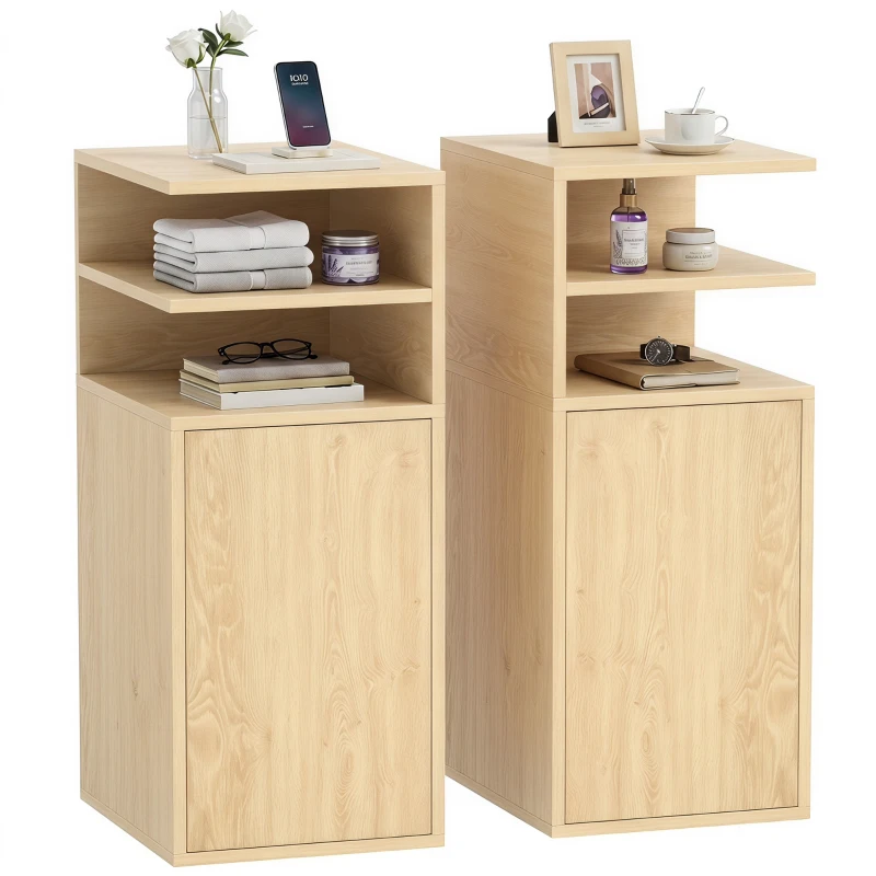 HOMCOM Slim Bedside Table Set of 2, Narrow Bedside Cabinet with Open Cubbies and Cupboard for Bedroom Living Room, Oak
