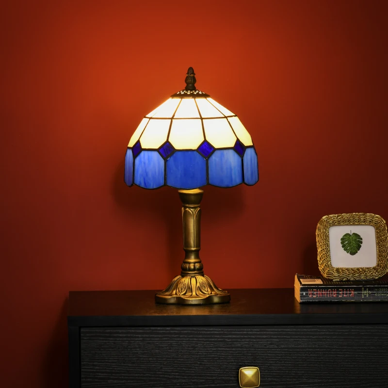HOMCOM Handmade Art Deco Glass Table Lamp - White/Blue