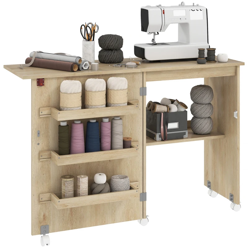 HOMCOM Masă de cusut pliabilă mobilier de cusut cu blat rabatabil, tăvi de depozitare, etajeră deschisă și roți, lemn natural