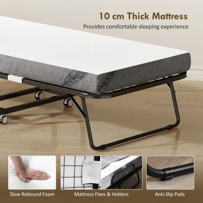 HOMCOM Folding Bed with 10cm Mattress, Portable Foldable Guest Bed with Sturdy Metal Frame on Wheels