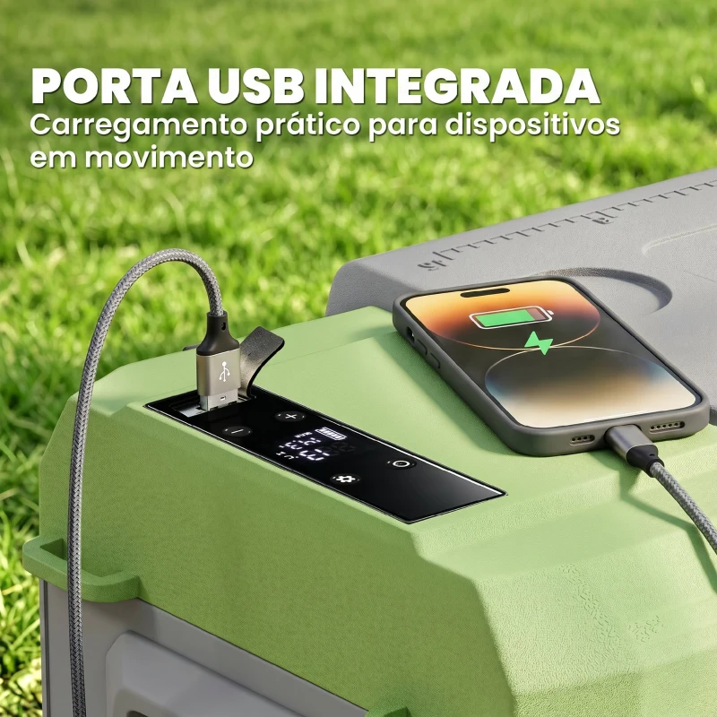 Outsunny Geleira Portátil Elétrica 24,2L -20℃ a +20 ℃ 12V/24V Mini Geleira com Rodas Compressor e Ecrã LED Tátil 60,2x33,4x41,4 cm Cinza e Verde