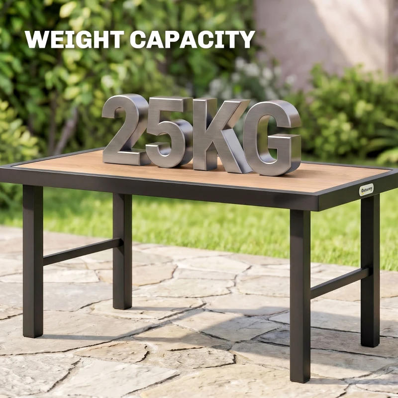 Outsunny Metal Garden Coffee Table, Outdoor Side Table with SPC Woodgrain Tabletop for Outside, Garden, Balcony, Porch, 100 x 53 x 46cm, Brown