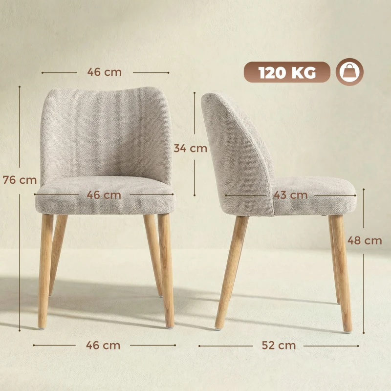 HOMCOM Set de 2 Scaune de Masă Moderne, Scaune de Bucătărie cu Tapițerie din In, Șezut Imbătut, Spătar Curbat, Picioare din Lemn de Cauciuc, Ușor de Asamblat, Alb Crem