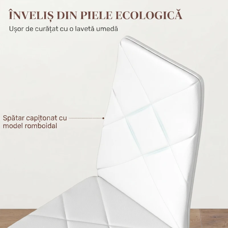 HOMCOM Set de 6 Scaune de Dining Moderne cu Spătar Înalt din Piele Ecologică și Oțel, 41x50x97 cm, Alb