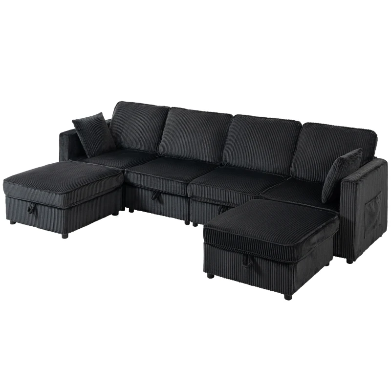 HOMCOM Canapea colț 4 locuri formă U cu ottoman cu depozitare, colțar 306 cm cu aspect cord, 4 perne, pentru living