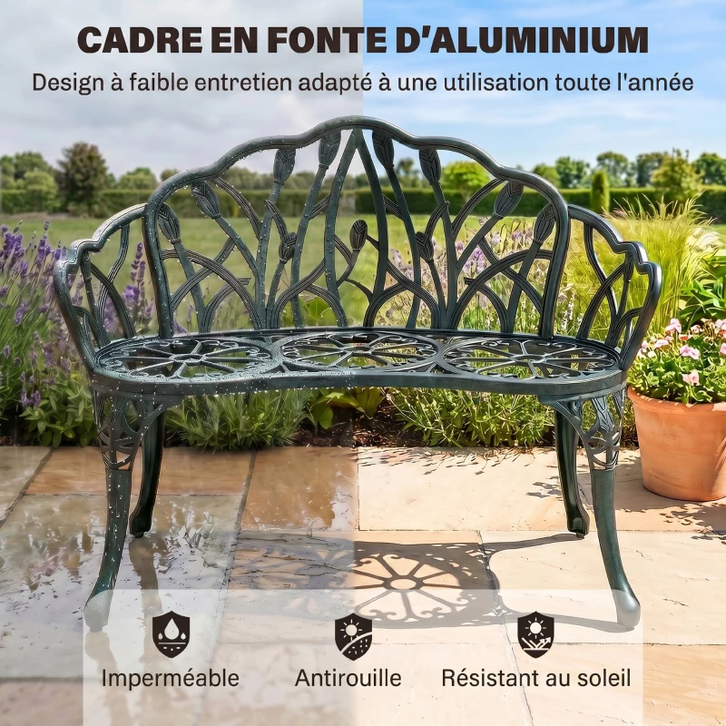 Outsunny Banc de jardin en aluminium moulé, banc extérieur 2 places avec dossier tulipe, assise florale, 99x57x78cm, vert antique