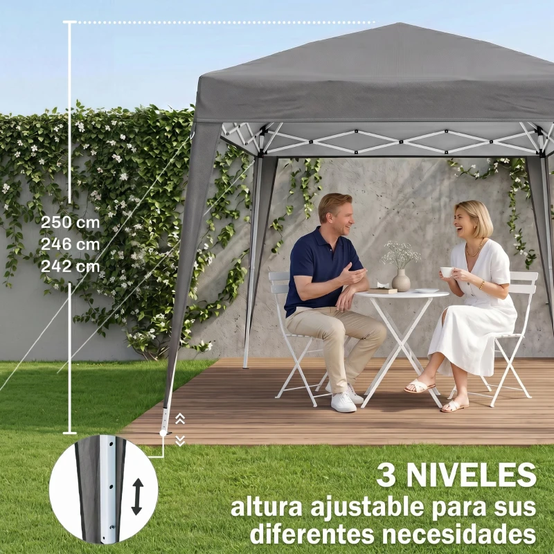 Outsunny Carpa Plegable 2,4x2,4 m, Pop-up, Cenador Pabellón de Jardín, Altura Ajustable con Bolsa de Transporte, Anti-UV, Impermeable, Gazebo para Camping, Fiestas, Exterior, Gris
