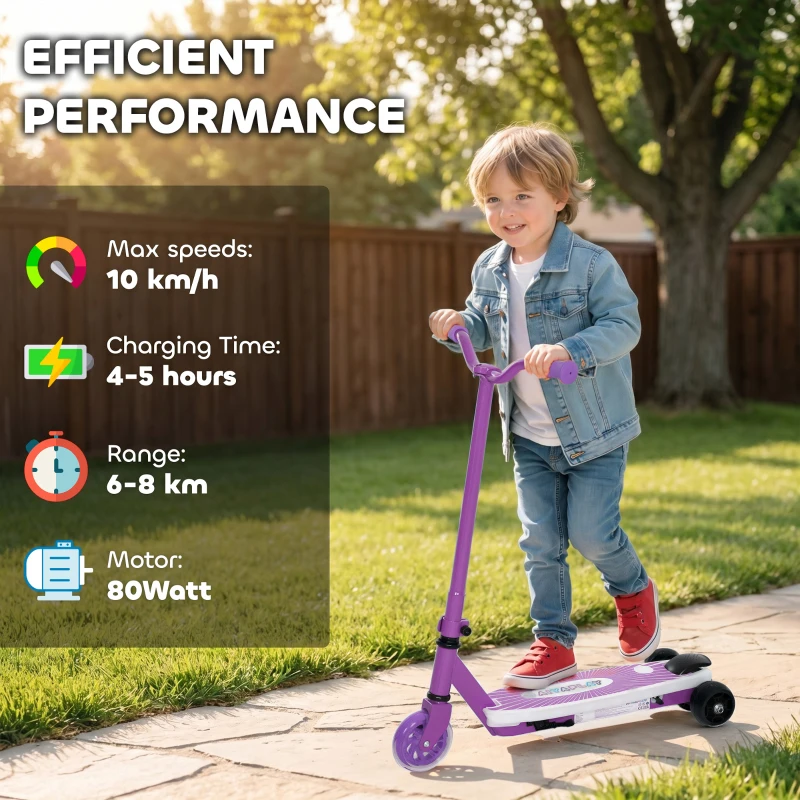 AIYAPLAY Electric Scooter for Kids Aged 4-7 Years, with Flashing LED Lights, Rear Auxiliary Wheels, Purple