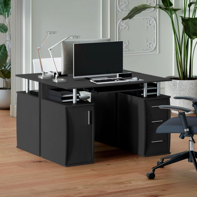 HOMCOM Escritorio de ordenador 120 x 55 cm con bandeja para teclado, 3 cajones, para dormitorio, hogar, negro