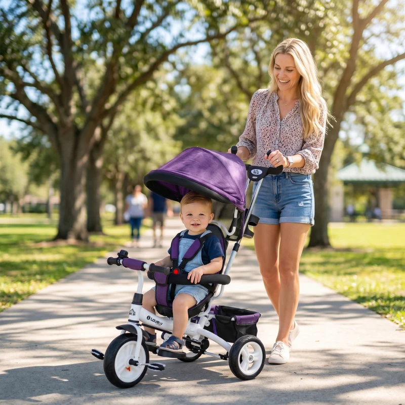 HOMCOM Triciclo Evolutivo para Niños +12 Meses con Toldo Plegable Mango de Empuje Telescópico y Cinturón de Seguridad Violeta