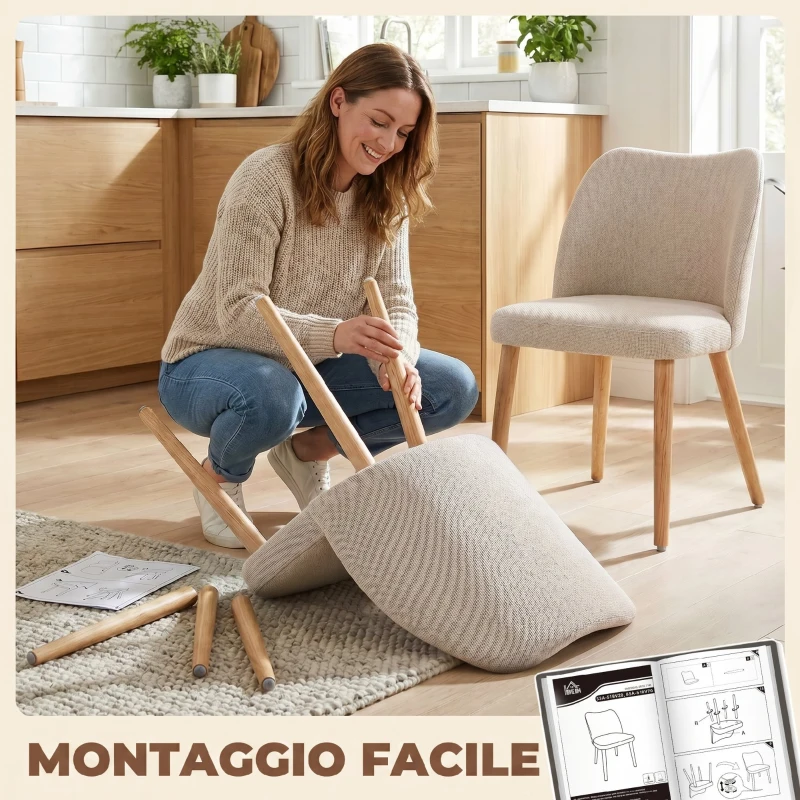 HOMCOM Set di 2 Sedie da Pranzo in Tessuto Effetto Lino e Legno di Caucciù, Seduta Imbottita, Schienale Curvo, Crema