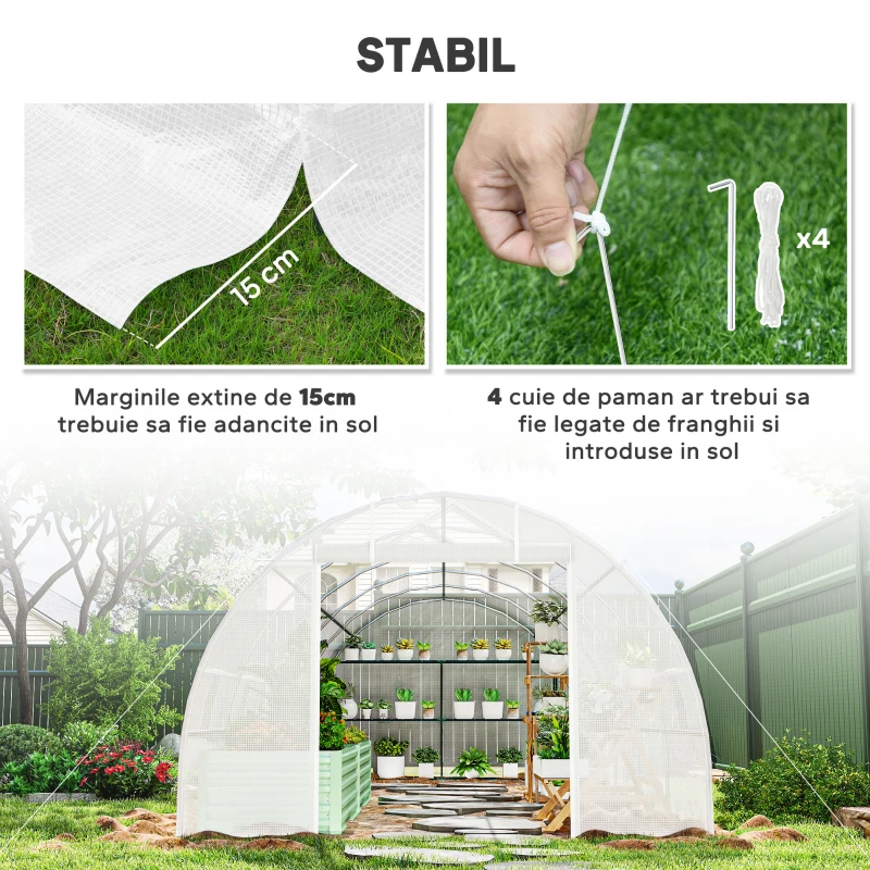 Outsunny Seră Tip Tunel 8x3x2 m cu Înveliș din Plastic și Oțel Ranforsat, Alb
