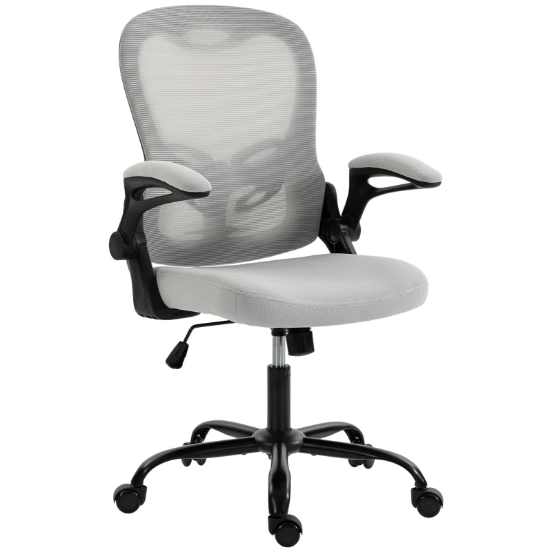 HOMCOM Cadeira de Escritório Ergonômica Poltrona em Malha Apoios de Braço Rebatíveis Altura Regulável Função de Inclinação Cinza