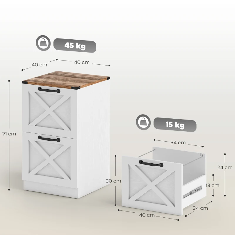 HOMCOM Caisson de Bureau avec 2 Tiroirs, Dossiers Suspendus pour Formats Lettre/A4, Style Rustique, 40x40x71cm, Blanc