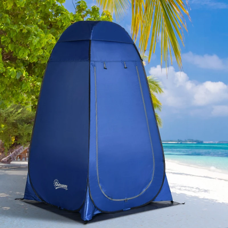 Outsunny Cort de Duș pentru Camping și Plajă cu Ușă cu Fermoar și Geantă de Transport, 126x124x189 cm, Albastru Închis