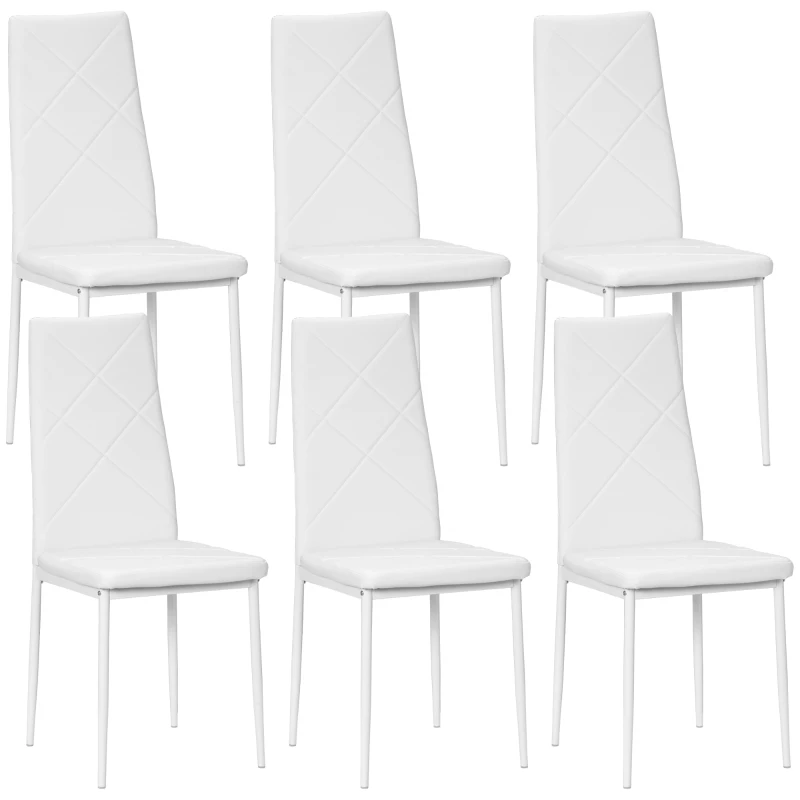 HOMCOM Set de 6 Scaune de Dining Moderne cu Spătar Înalt din Piele Ecologică și Oțel, 41x50x97 cm, Alb