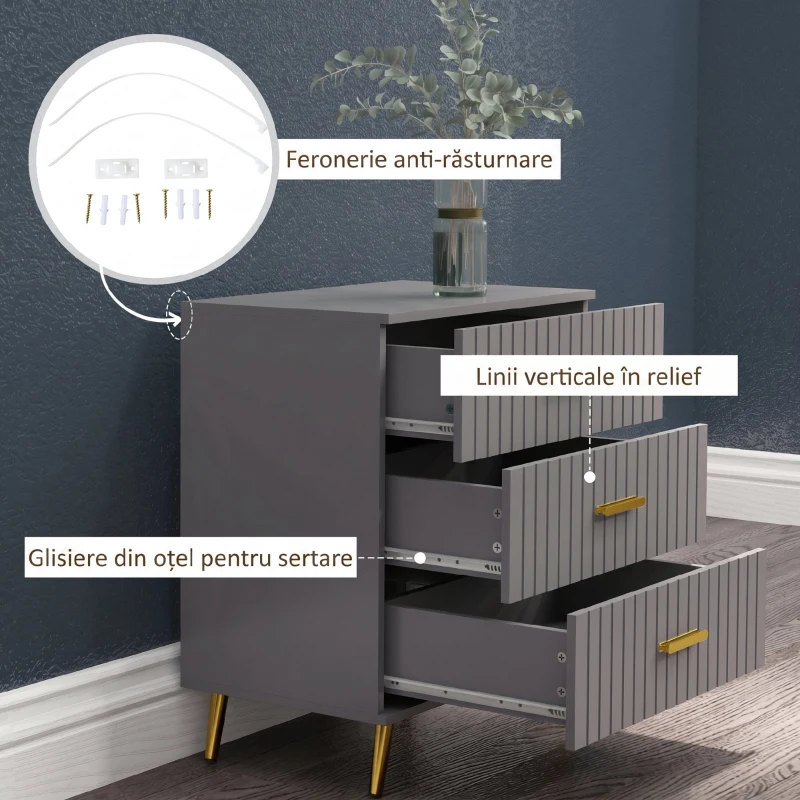 HOMCOM Comodă modernă cu 3 sertare din lemn și aluminiu, 60x40x71,5 cm, auriu și gri închis