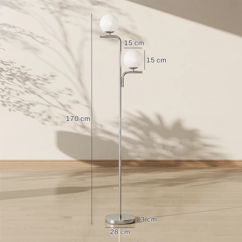 HOMCOM LED Floor Lamp, Modern Standing Lamp with 3 Colour Temperatures, Globe Glass Shades and Foot Switch, Silver Tone
